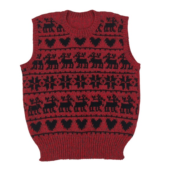 Vintage Red Wool Knit Vest Moose Heart Pattern Sleeveless Sweater Top Womens S/M - Picture 1 of 4